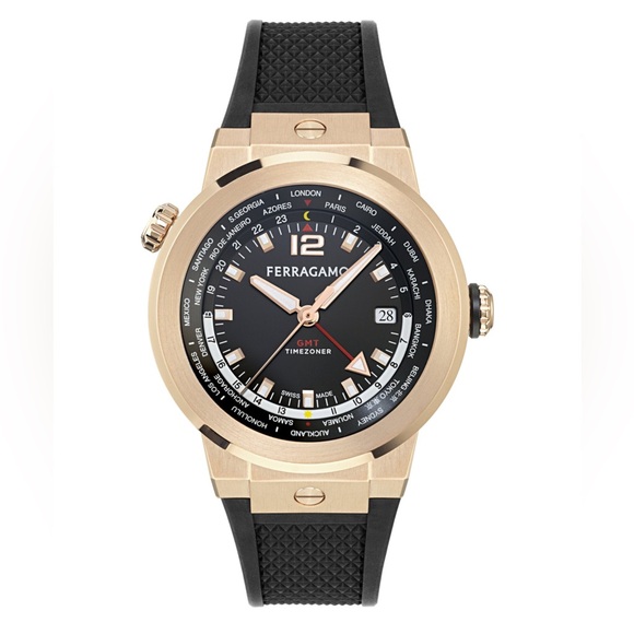 FERRAGAMO Men’s 43 mm F-80 Rose Gold GMT Worldtime Silicone‎ Watch Retail $1350